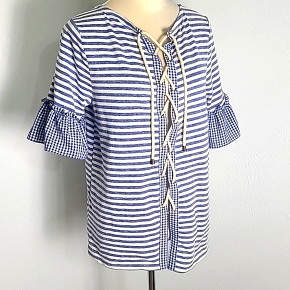 Doe & Rae Blue & White Stripe & Gingham Check Lace-up Top Size Medium - Picture 4 of 9
